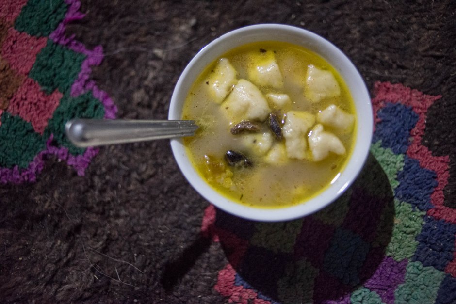 A bowl of thukpa, a soup made with dumplings and yak meat
